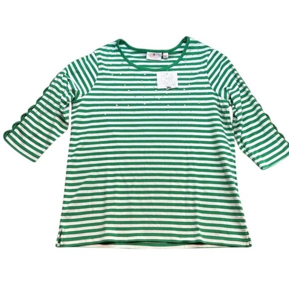 New Quacker Factory by Jeanne Bice Green White Embellished 3/4 Sleeve Top Large - Picture 1 of 6